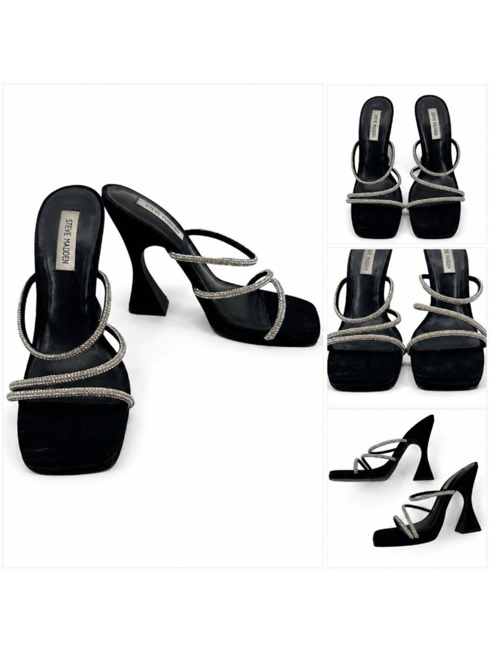STEVE MADDEN LIBBIE HEELS shoes sandals black silver 10 velvet party sculptural